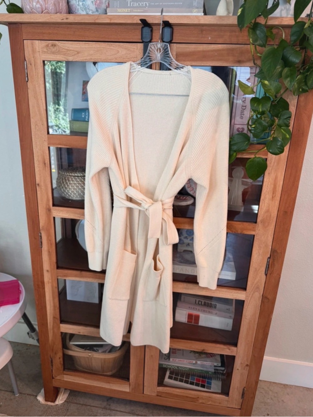 Rag & Bone Light Cream Ribbed Knit Women's Belted Cardigan Sweater One Size